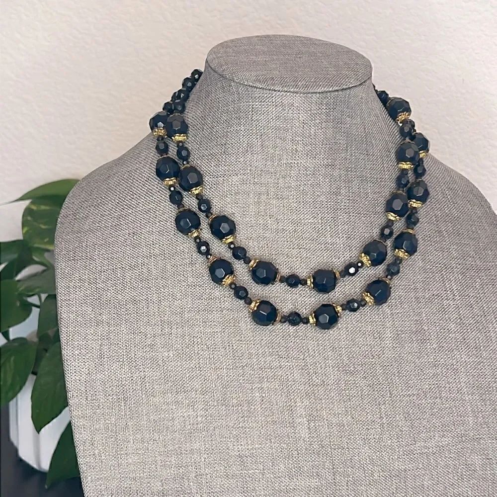 Vintage Style Navy Blue Faceted Bead Double Layer Necklace